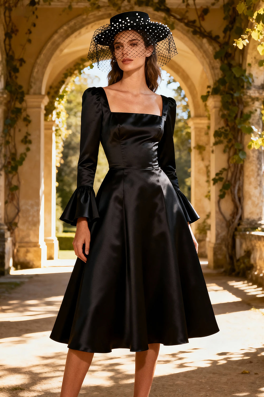 A-Line Satin Square Neck Little Black Dress